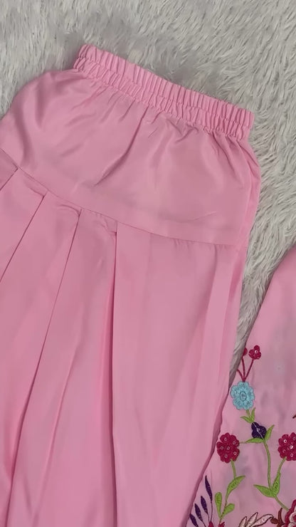 Beautiful Modern Pink Embroidered Crape Silk Suit Set with Organza Dupatta