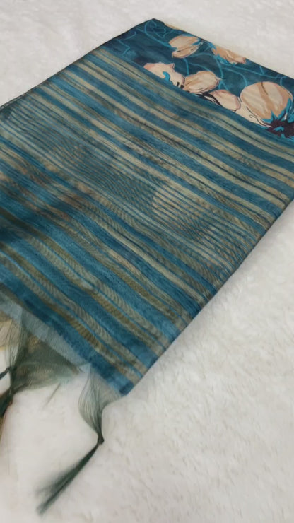 Premium Teal Blue Floral Prints Soft Tussar Silk Saree with Tassel Pallu