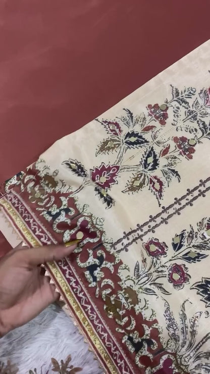 Very Attractive Beige and Maroon Printed Chinon Suit Set With Mirror Work