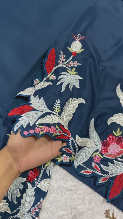 Premium Teal Blue French Crepe Embroidered Co-ord Set