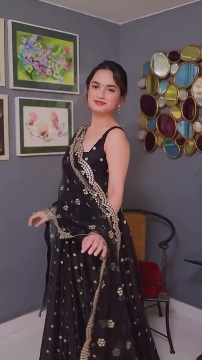 Very Attractive Black Silk Designer Anarkali Suit Set