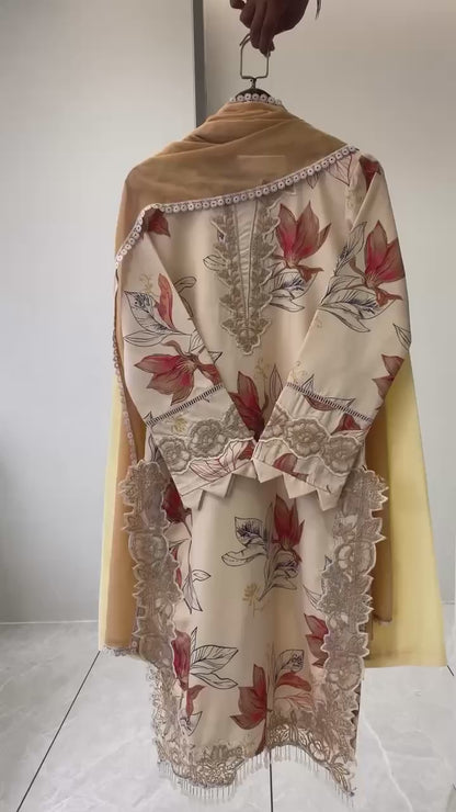 Very Beautiful Cream Muslin Silk Floral Print Suit Set
