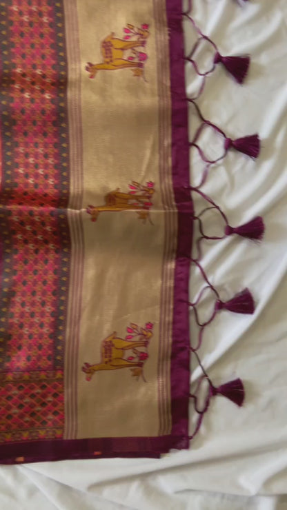Vrindavan Wine – Premium Woven Zari Soft Pashmina Silk Saree