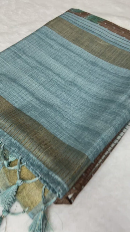 Trendy Coffee Brown & Aqua Floral Soft Tussar Silk Saree