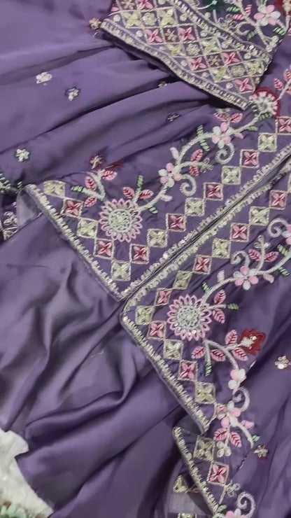 Very Beautiful Lavender Rangoli Silk Embroidered Suit Set
