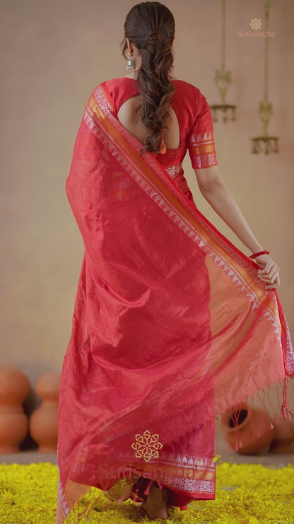 TRENDY - RED TEMPLE DESIGNE HANDLOOM TISSUE COTTON SAREE