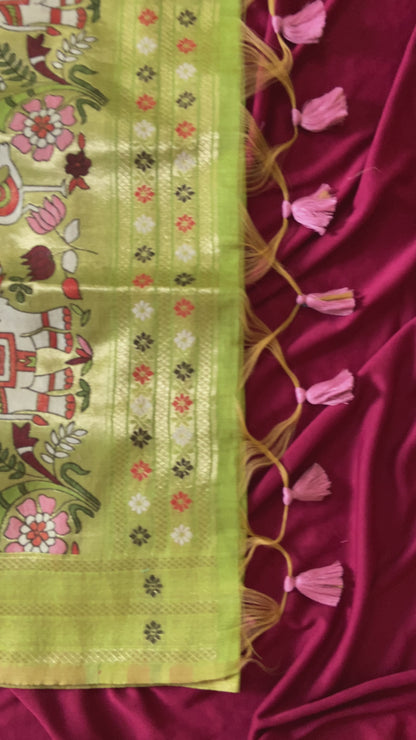 Beautiful Olive Green Soft Muga Cotton Paithani Saree with 3D Woven Elephant Pallu