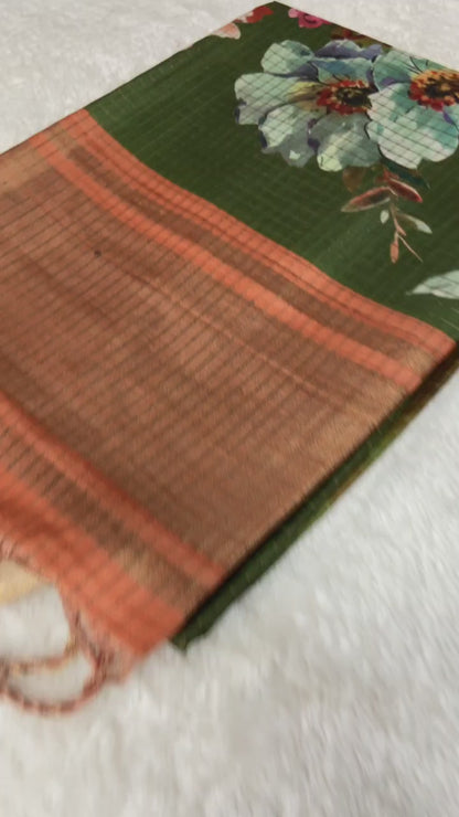 Aranya Olive-Rust Floral Print Soft Tussar Silk Saree