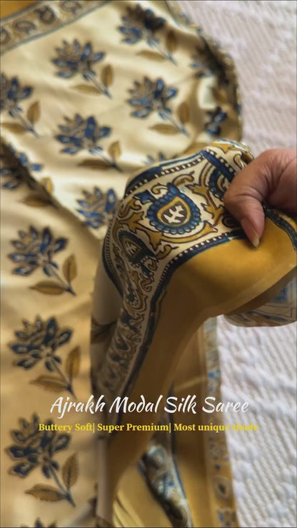 Elegant Cream & Mustard Yellow Floral Hand Block Printed Modal Silk Saree
