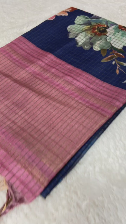 Nayantara Navy-Pink Floral Print Soft Tussar Silk Saree