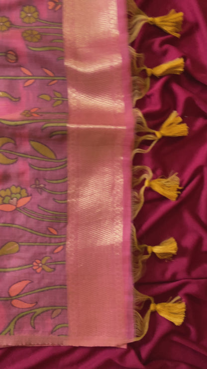 Aadhira - Rose Pink Resham Woven Soft Muga Cotton Saree