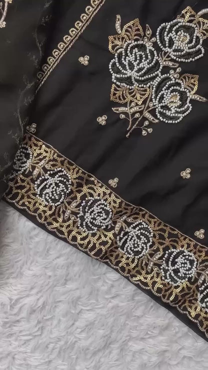 Premium Black Fox Georgette Sharara Suit with Sequins Embroidery Work