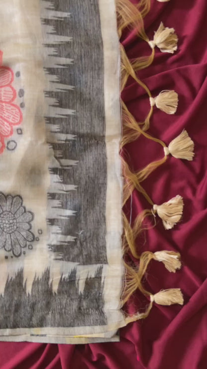 Elegant Natural Beige Floral Woven Soft Muga Cotton Saree