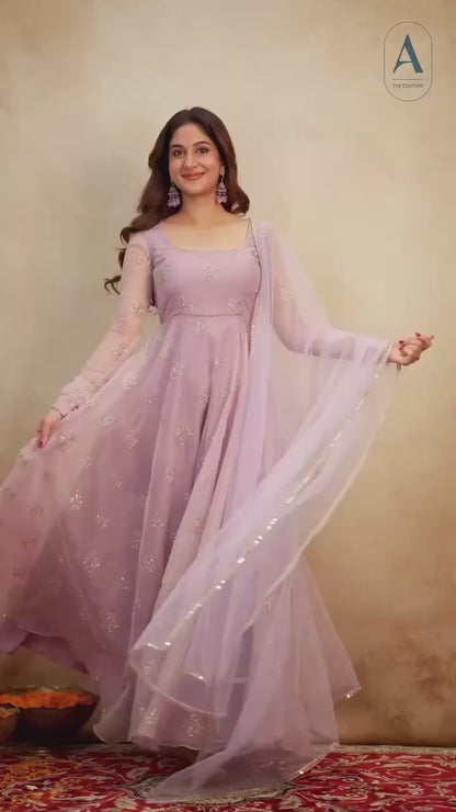 Organza Anarkali Suit with Rose Motif Embroidery & Net Dupatta