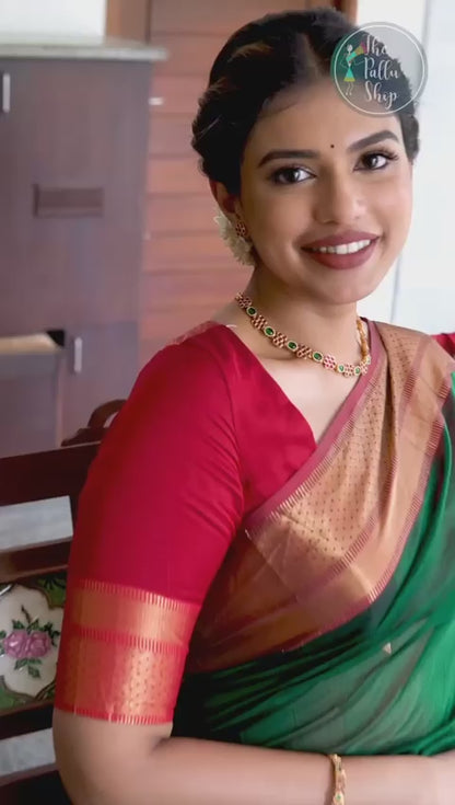 TRADITIONAL KANJIVARAM SILK SAREE AND DOUBLE ZARI WOVEN BORDERS WITH RICH PALLU