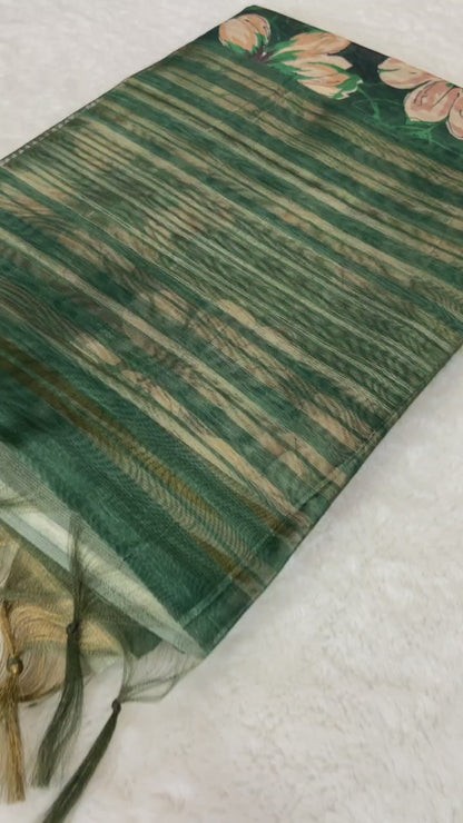 Emerald Green Floral Prints Soft Tussar Silk Saree with Tassel Pallu