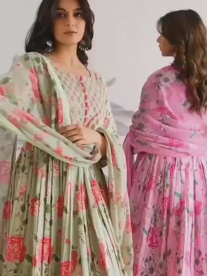 Premium Floral Printed Pure Jaipuri Cotton Anarkali Suit Set