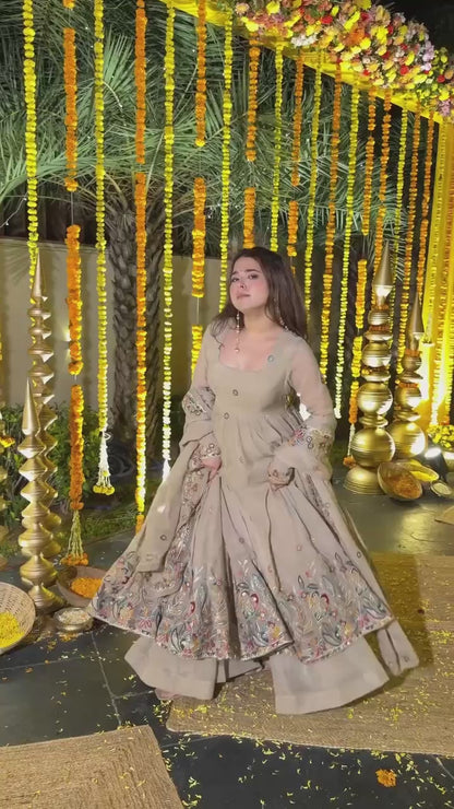 Mustani Beige Embroidered Anarkali Suit Set