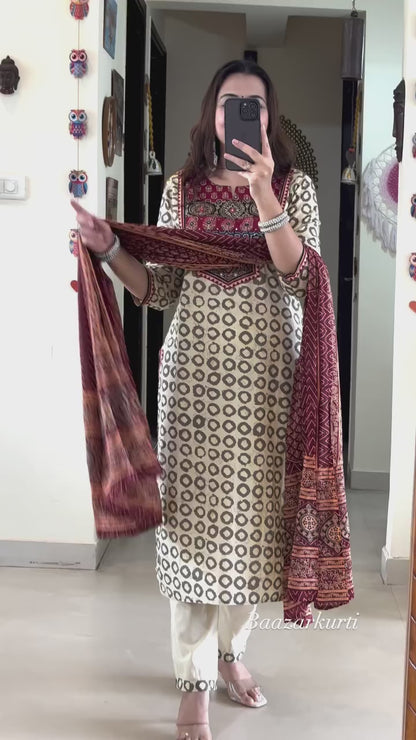 Beautiful AJRAKH Digital Prints Pathch Work Muslin Suit Sets