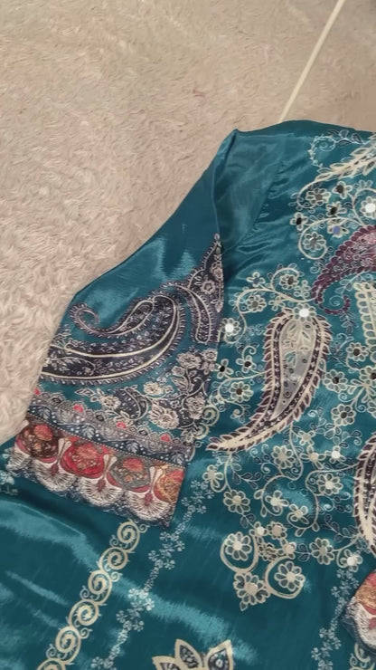 Elegant Teal Blue Chinon Printed Suit Set with Real Mirror Work