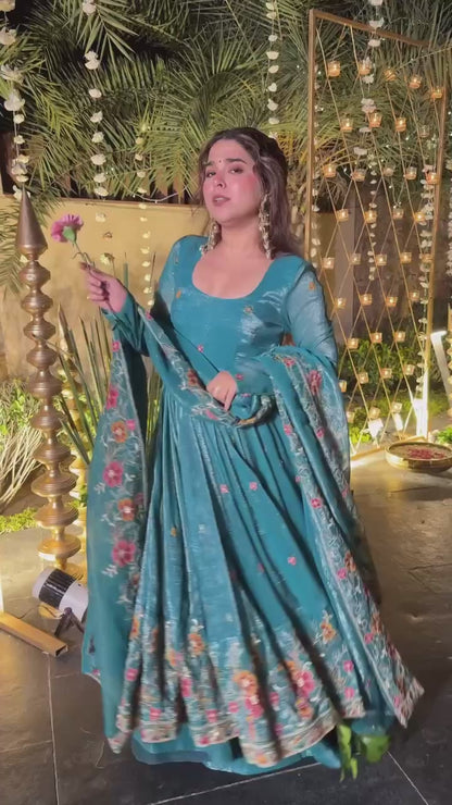 Designer Soft Crunchy Silk Embroidered Anarkali Suit Set