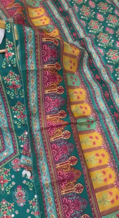 Elegant Teal Printed Chinon Suit Set with Fancy Mirror Work