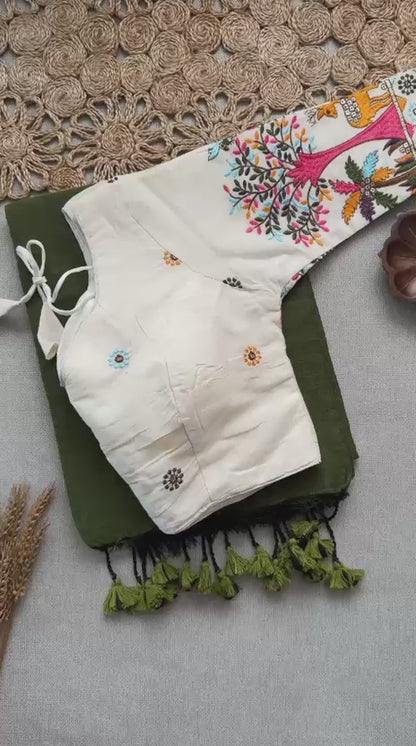 Dharma Exclusive - Sky Handloom Cotton Saree With Havy Embroidery Stitched Blouse