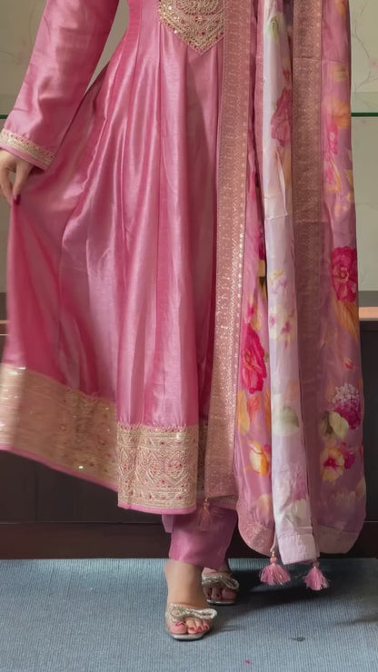 MOST MAGNIFICENT BANANA SILK ANARKALI STYLE SUIT SET