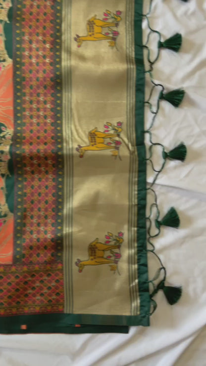Vrindavan Emerald Green - Premium Woven Zari Soft Pashmina Silk Saree