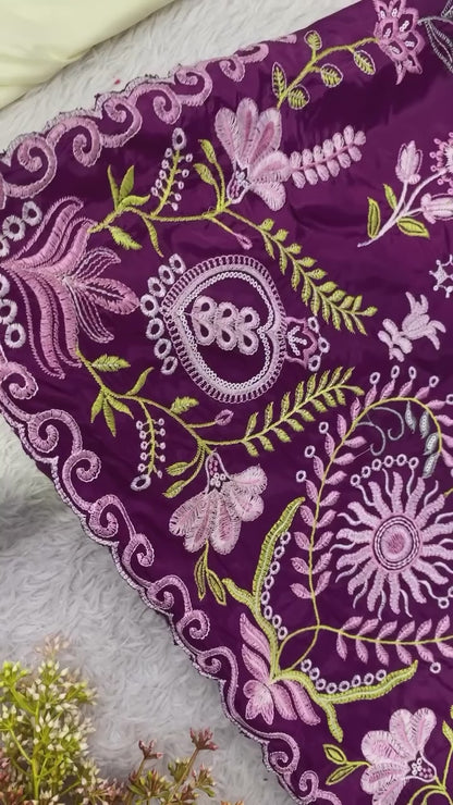 Very Attractive Magenta Floral Embroidered French Crepe Tunic Set