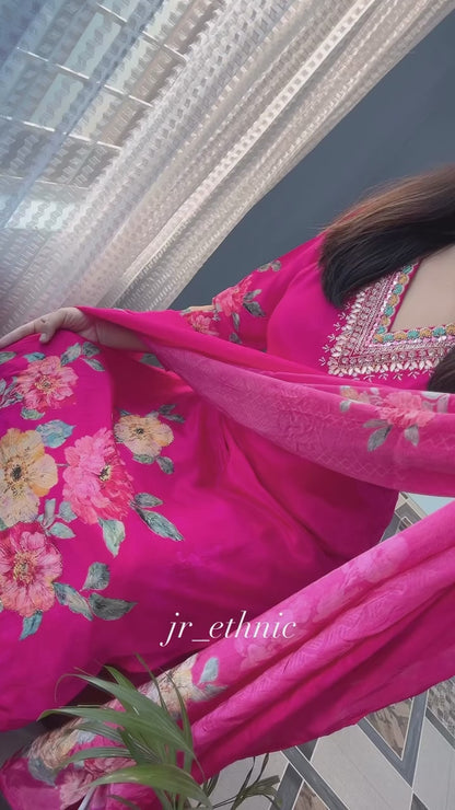 Premium Pink Floral Suit Set with Heavy Fancy Hand Work