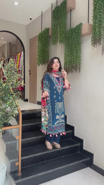 ATTRACTIVE RUSSIAN HANDWORK SILK SUIT SET WITH PRINTED DUPATTA