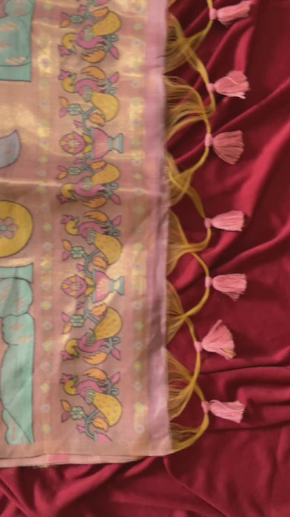 Aavya - Dusty Rose Pink Soft Muga Cotton Paithani Saree