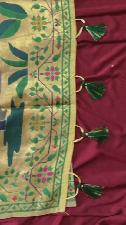 Traditional Muga Cotton Paithani Saree with Woven Deer Motif