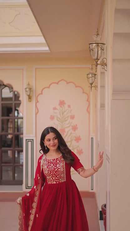 Red Embroidered Zari Sequins Gown with Dupatta