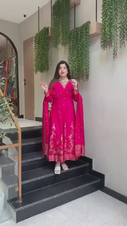 Pink Banarasi Anarkali Suit Set with Dupatta