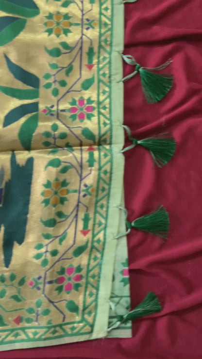 New Designer Muga Cotton Paithani Saree with Woven Deer Motif