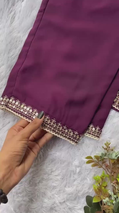 Elegant Royal Purple Faux Georgette Sequence Embroidery Salwar Suit Set