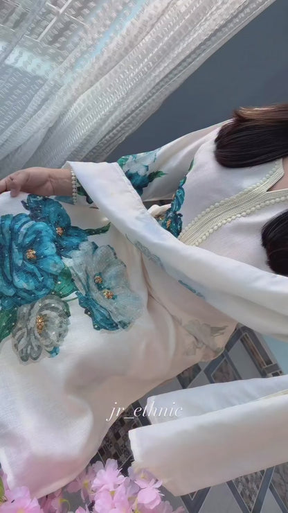 Elegant White Floral Printed Linen Cotton Suit Set with Dupatta