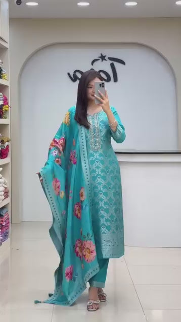 ELEGANT PURE BANARASI SILK JEQUARD WEAVING SUIT SET