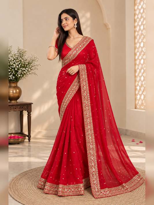 Premium Festive Red Tibby Silk Saree